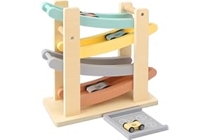 INSPIMYST Wooden Car Ramp Toys for 1 2 3 Year Old Boys Girls Toddler Race Track Toys with 4 Cars and a Car Garages, Birthday for Kids