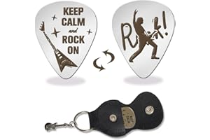 arricraft 1 Pc Stainless Steel Guitar Pick, Keep Calm and Rock Roll Metal Guitar Plectrums with Holder Bass Pick Musicial Gifts for Musician Guitar Player Guitarist Christmas Birthday