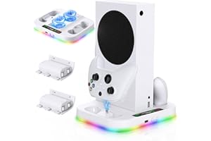 AUARTE Support pour Xbox Series S avec lumière LED RGB, Dual Chargeur Station de Controller pour XSS Accessoires avec 2 * 1400mAH Batterie Rechargeable, Ventilateur de Refroidissement Réglable à 3 Vitesses