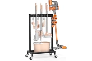 FLOUREE Besenhalterung mit Putzmittel Organizer, Besenhalter mit Rädern, Besen- und Mopphalter, Reinigungswagen mit 6 Mopp-Aufhängern, 3 Doppelhaken, Tragkraft 68 kg, Schwarz