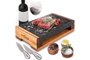 Nutrichef Cooking Stone Grill Set - Hot Lava Rock Sizzling Plate for Steak BBQ & Meat Grilling with Stainless Steel Knives, Cooks and Retains Heat & Flavor, Heated Tray for Serving Food