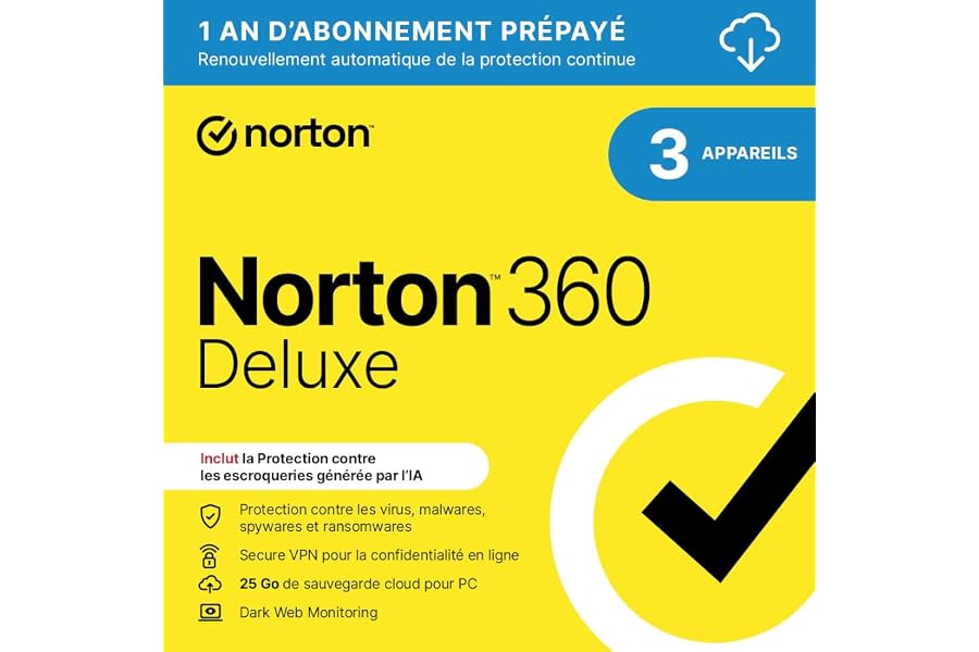 Norton 360 Deluxe |3 Appareils | 1 An d'Abonnement en renouvellement automatique |Téléchargement