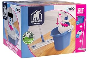 ELEPHANT ÉLÉPHANT Maison - Kit Neo Pulse - pour Nettoyer Le Sol sans Effort Et sans Se Mouiller Les Mains - Essorage Rotatif Rapide - Très Absorbant - Plastique Recyclé - Fabriqué en France - Bleu
