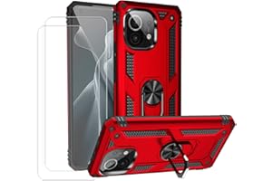 JOYTAG Hülle für Xiaomi Mi 11/Mi 11 5G Hülle,handyHülle+Schutzfolie [2 Stück] Silikon TPU 360 Grad Drehring aus Halter magnetisch Autotelefon case-Rote