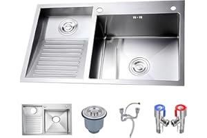 ATHOMASM Fregadero De Acero Inoxidable Con Tabla De Lavar: Lavabo Para Uso General Hecho A Mano Para Lavadero, Taller Y Garaje: Acabado Cepillado Duradero, Lavabo Profundo Con Drenaje Eficiente(Left-a,80cm)