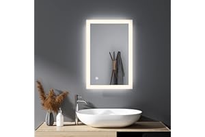 HY-RWML Badspiegel 40x60cm Beleuchtung LED Spiegel Wandspiegel 3 Lichtfarbe Badezimmerspiegel Touch Schalter WandSchalter Rechteckiger Kaltweiß 6500K IP67 energiesparend A++ Badezimmer Wohnzimmer