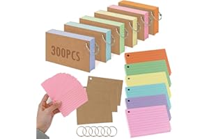 Belegao Flash Cards 300PCS - 6 Pack Ruled Revision Card 150gsm A7 Index Cards with Binder Rings and Kraft Covers Lined Notecards for School, Home, Office, Record, Study(6 Assorted Colors)
