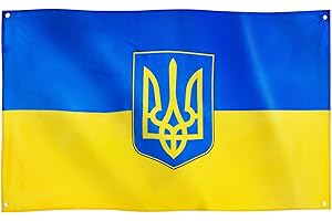 Runesol Flaga Ukrainy, 91 x 152 cm, flaga ukraińska, ukraińska flaga herbowa, 4 oczka, oczka w każdym narożniku, flagi premium do użytku wewnętrznego, zewnętrznego