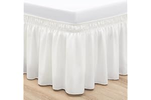 RIMELA Queen-Size-Bettrock 35,6 cm lang, elfenbeinfarben, elastische Bettröcke, Queen-Size-Größe, Staub-Rüschen, Bettrock für verstellbare Bettgestell, solider seidiger Stoff, maschinenwaschbar,