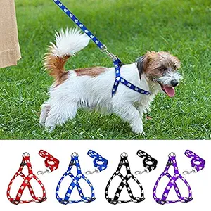 PSK PET MART Nylon Adjustable Leash with Harness Set Printed Nylon Puppy Harness for Small & Medium Dogs Colour May Vary (0.75-inch)