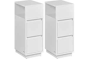 VASAGLE KAILYN Colección - Mesita de Noche Estrecha, Juego de 2, Mesa Auxiliar con 2 Cajones y Compartimento Abierto, a la Izquierda o a la Derecha, Blanco Nube LET856W01