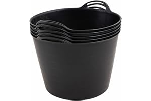 BiGDUG Plastic Flexi Tubs (42 Litre) - Pack of 5 - Black - Heavy Duty Trugs Flexible Storage Bucket - Multi Purpose Round Container