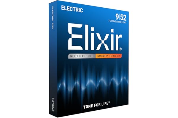 Elixir Cuerdas para guitarra eléctrica de 7 cuerdas Strings con recubrimiento NANOWEB, calibre superligero (.009-.052)