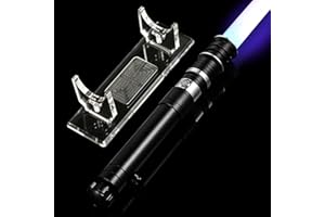 AthlChamp Sable de luz de Duelo Control de Movimiento para Adultos, con empuñadura metálica, Hoja de PC, 16 Fuentes de Sonido, 12 Colores RGB y Soporte acrílico - Negro