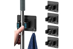 FUNNYTEK Porta Scope Parete 4 PCS Portascope da Muro Appendibile Adesivo, Appendiscope da Muro Acciaio Inossidabile, Multifunzione Ganci Supporto Scopa Autoadesiva per Garage, Cucina, Giardino e Ufficio,nero