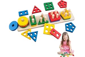 SKY-TOUCH Wooden Sorting & Stacking Toy, Geometric Shape and Color Recognition Puzzle with Lacing String, Educational Learning Game for Toddlers, Multi-Color, 11.4x2.6 inches