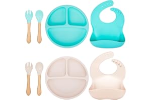 SHIRYLZEE 8 Stück Baby Kindergeschirr Geschirrset Silikon Baby Teller mit Saugnapf, Verstellbares Lätzchen mit Gabeln und Löffel, BPA Frei Kinder Geschirrset für Mädchen Jungen