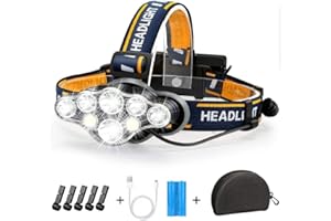 Hyted Head Torch Rechargeable, Super Bright 18000 Lumens Headlight, Waterproof with Red Warning Lights Headlamp, 8 LED 8 Modes Led Head Torch for Cycling Running Camping