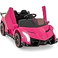 GYMAX Kids Ride on Car, 12V Battery Powered Licensed Lamborghini Car with Remote Control, Music, 3 Speeds, AUX/USB &Safety Belt, Children Electric Vehicle for 3-8 Years Old (Rose Red)
