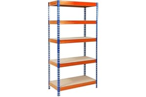 KARAT Étagères à Grande Tenue| Etagère à emboîter, Montage sans Outils| Rayonnages Charges Lourdes| Rayonnage Magasin & Garage| Étagère d'atelier modulable(Bleu-Orange 220 x 90 x 45 cm-5 Niveaux)
