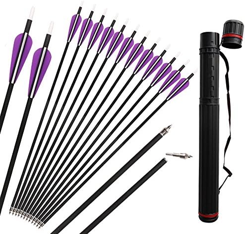 IRQ 12 Pcs 31Inch Archery Carbon Arrows Hunting Arrow broadheasd on /off screw tip Hunter Nocks Fletched Arrows Target Practice Arrow with Telescopic Arrow Quiver Holder Case Backpack Archery Tube