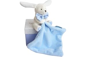 Doudou et Compagnie - Doudou Lapin Mouchoir - Boîte en Forme de Fleur - Bleu - Idée Cadeau de Naissance Fille et Garçon - Garantie Doudou Perdu - DC3338