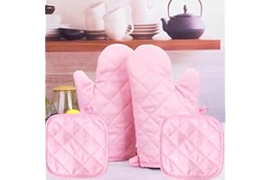 DWUENT Pink Oven Gloves,Oven Mitts, 1 Pair Oven Mitts BBQ Gloves Heat Resistant: Heat Resistant Mitts Set of 4 (2 Gloves + 2 Pads), Kitchen Accessories for Baking & Cooking