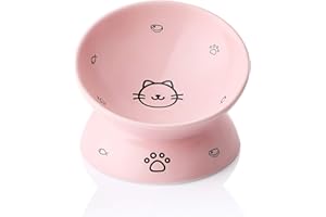 Sweejar Home Ceramic Raised Cat Bowls, Slanted Cat Dish Food or Water Bowls, Elevated Porcelain Pet Feeder Bowl Protect Cat's Spine, Stress Free, 140ml, Backflow Prevention (Pink)