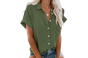 Xnova Camisa Manga Corta de Mujer Básica Blusa Botón Cuello en V Oversized Tops Sólido Essentials Shirt, Cuello con Solapa de Verano Camiseta con Bolsillo