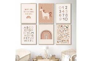 Youihom 6 Affiche Boho Bébé Licorne Arc en Ciel Poster Phrase Enfant 21x30 Tableau Alphabet Numero Chambre Murale Decoration Garcon Fille Cadeau sans Cadre