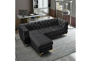 HOMEOLOGY SOFA DIRECT Homeology Chesterfield 3 Seater Sofa with Chaise Lounge – L Shape Right/Left Hand Corner Sofa – Deep Button Tufted Design with Gold Metal Legs – Couch for Living Room (Black, Left Hand Chaise)