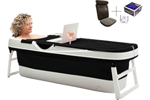 HELLO BATH HelloBath® Bañera Plegable XXL 157x60x48 cm para Adultos | Bañera Portátil con Cojín de Baño, Bolsa de Almacenamiento, Luz LED & Rodillos de Masaje | Móvil para Ducha & Exterior | Negro