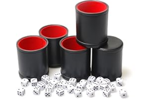 TOPTAN 5 Pack PU Leather Dice Cups Velvet Felt-Lined Shaker Cups with 25 Dot Dice for Bar Party Yahtzee Farkle Dice Games, Red and Black