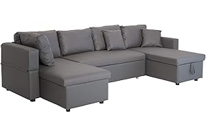 Happy Garden Canapé panoramique Convertible Scott 4 Places en Simili Gris. Canapé avec méridiennes et Coffre de Rangement.