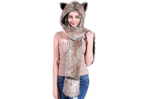 ULALAZA Bonnet d'hiver 3 en 1 en fausse fourrure avec capuche, écharpe, moufles et oreilles pour femme et fille