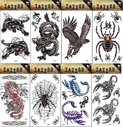 Wonbeauty 8pcs different Fake and real temp tattoo stickers in a package, it including ,dragon, eagle and spider leopard tattoo stickers