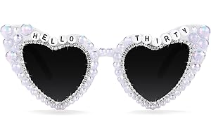 KOMERGAVE 30th Birthday Glasses, White Heart Sunglasses for Women, HELLO THIRTY Shiny Bling Diamond Pearl Sunglasses, 30 Years Old Birthday Party Gifts Supplies Eyeglasses Photo Props Accessories Favors