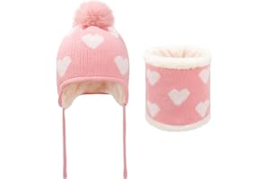 QKURT Kinder Mütze Schal Set, Winter Thermokappe Halswärmer Dicker Flauschmütze Schal Fleece Gefüttert Hut mit Pompom Bobble Mütze Soft Warm Hut Schal Liebesmuster für 1-5 Jahre alt