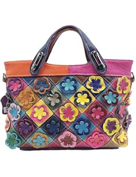 Oneworld Damen Leder Rindsleder Handtasche Umhängetasche Schultertasche Strandtasche Mini Bag Blumen 28x20x9cm...