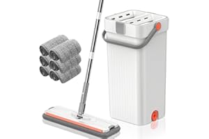 NEWTY Mopa Cubo Escurridor Fregona Plana Compartimento con 6 Almohadillas Doble Escurridor para Limpieza Suelos Azulejos Tarima Madera Extra LARGO155cm Atrapa Polvo Ventanas Mop Bucket Set