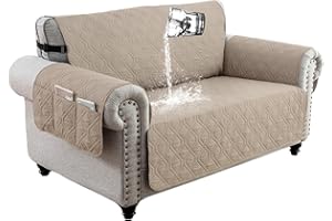 DSechcrsL 100% Waterproof Sofa Cover with Side Pockets, 2 Seater Non-Slip Sofa Slipcover with Elastic Straps, Washable Couch Protector for Kids, Pets, Dogs, KHAKI