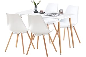 buybyroom Set sala da pranzo con 1 tavolo bianco e 4 sedie bianche per cucina, sala da pranzo, soggiorno, ufficio e dispensa