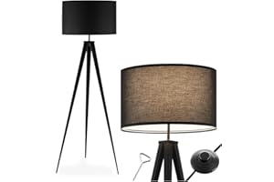 ‎TECTAKE tectake® Dreibein Stehlampe, Lampe im retro boho Stil, gemütliches Ambient Light für Schlafzimmer, Wohnzimmer, als Esszimmerlampe, Lampenschirm in Leinenoptik, modern skandinavisch - schwarz