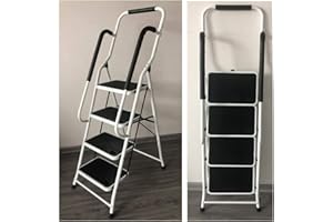 AUTOFU Escabeau 4 Marches Pliant de Sécurité, Main Courante de Sécurité, Acier Robuste, Pliable, pPortable avec Tapis en Caoutchouc Antidérapant – Charge de 150kg