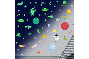 KAIRNE Planet Wall Stickers,Glow in The Dark Planet Wall Decal Outer Space Sticker,Moon Sun Stars Decals, Luminous Astronomy Alien UFO Satellite Decal for Ceiling Nursery Kids Bedroom Decor(79pcs）