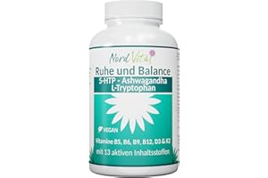 ‎NORD VITAL NEU! 5-HTP, Ashwagandha, L-Tryptophan, Ruhe und Balance -13-in-1-Komplex mit 125 mg 5-HTP aus Griffonia-Extrakt, Eisen, Zink, Kupfer, Vitamine B5, B6, B9, B12, D3 und K2 MK7-120 Kapseln- Vegan