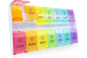 YAKLIM Portapillole Settimanale, Porta Pastiglie Settimanale,Porta Pillole Settimanale a 7 Scomparti di Grande Spazio, Portatile Porta Pillole Giorno Notte 14 Giorni, Per Olio Di Pesce/Integratori(colorato)