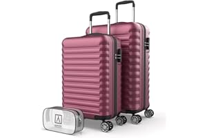 NUMADA-Juego de Maletas Rígidas 3pzs. Maleta Cabina 53cm, Maleta Mediana 63cm y Neceser. Set de Maletas de Viaje ABS Eco Friendly, 4 Ruedas Dobles, Resistentes, Ligeras y Seguras (Burdeos)