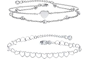 COYTEAR Ankle Bracelets, 2 Pcs Double Layer Stainless Steel Beaded Layered Anklets and Adjustable Single Layer Heart Chain Ankle Bracelets Set for Women Teen girls Summer Beach Anklets Foot Jewelry Gifts