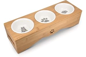 Navaris Ciotole per Gatti Rialzate - 3X Ciotoline in Ceramica con Portaciotola - Tre Ciotole Gatti e Piccoli Cani - Supporto in Legno bambù - Ciotole Gatto Cibo e Acqua